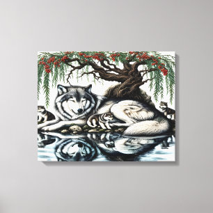 Serene Varg Family Oasis i Idyllic Nature 20x16 Canvastryck