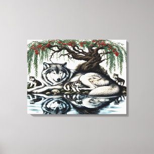 Serene Varg Family Oasis i Idyllic Nature 24x18 Canvastryck