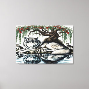 Serene Varg Family Oasis i Idyllic Nature 36 x 24 Canvastryck