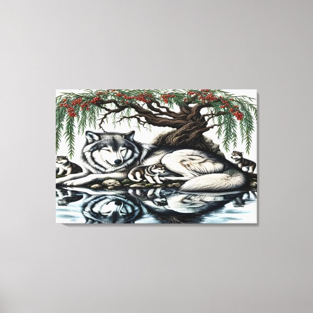 Serene Varg Family Oasis i Idyllic Nature 36 x 24 Canvastryck (Framsida)
