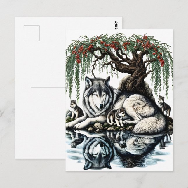 Serene Varg Family Oasis i Idyllic Nature Vykort (Fram/baksida)