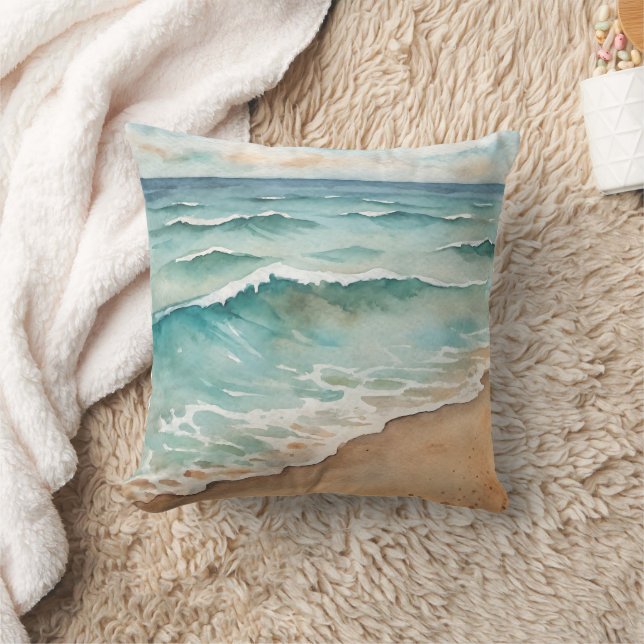 Serene Watercolor Beach Vågar - Ocean Vibes Kudde (Filt)