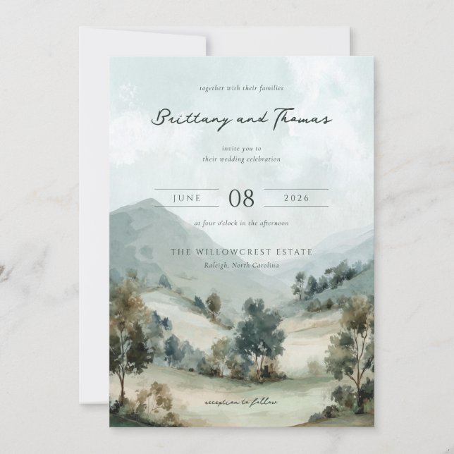 Serene Watercolor Landscape Wedding Invitation Inbjudningar (Framsida)
