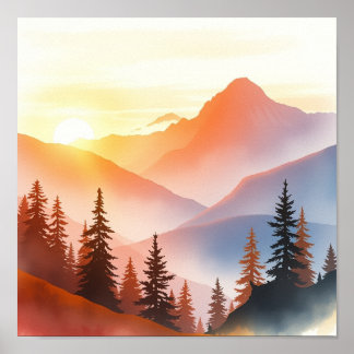 Serene Watercolor Mountain Landscape Wall Art Poster