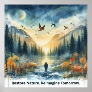 Serene Watercolor Nature Ligcape with Hawks Art Poster