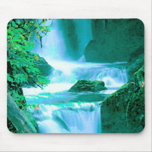 Serene Waterfall i blått och Grönt Musmatta