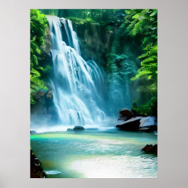 Serene Waterfall i Blek Blue och Grönt Poster