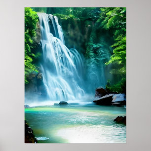 Serene Waterfall i Blek Blue och Grönt Poster