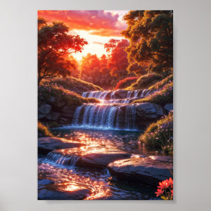 Serene Waterfall vid Sunset Lodrät Poster