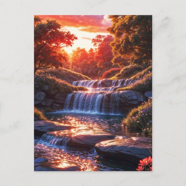 Serene Waterfall vid Sunset Lodrät Poster Vykort (Framsida)
