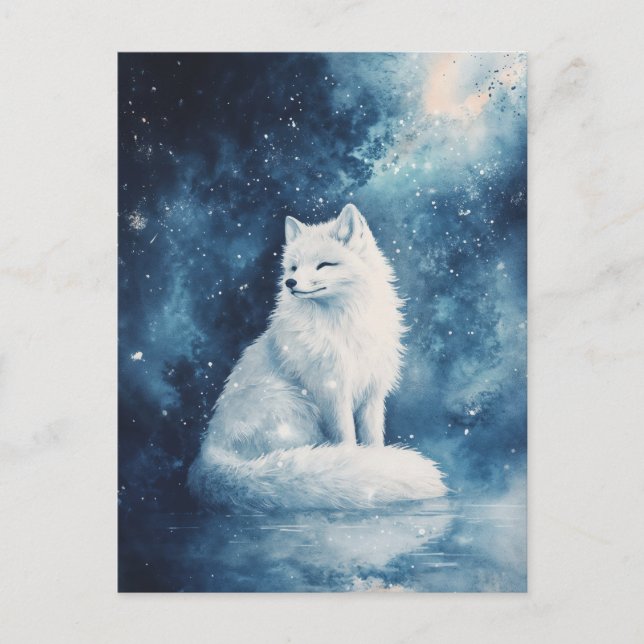 Serene White Fox Under Starry Midnight Sky Vykort (Framsida)