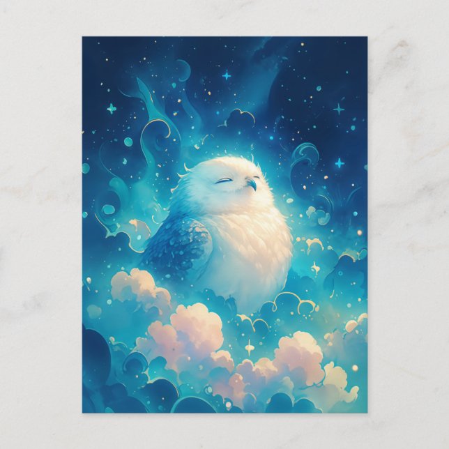 Serene White Owl Napping in Blue Clouds Vykort (Framsida)