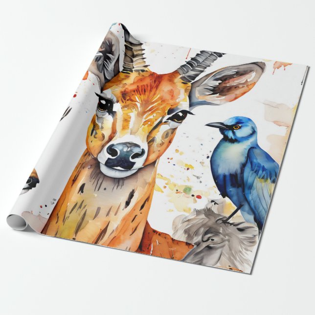 Serene Wildlife Watercolor Collage Presentpapper (Utrullad)