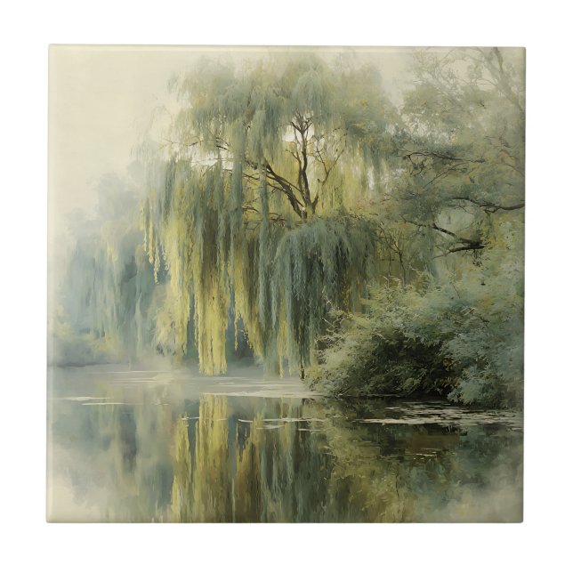 Serene Willow Tree Reflection Nature Art (10) Kakelplatta (Framsidan)