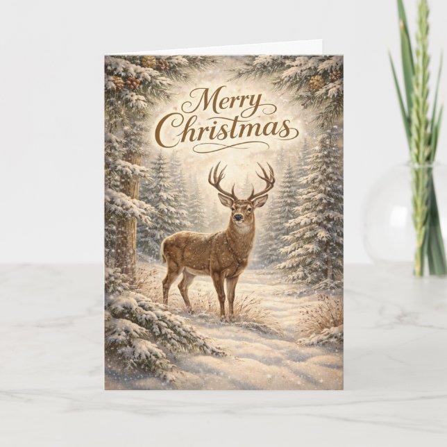 Serene Winter Deer Merry Christmas Forest Scene Helgkort (Framsida)