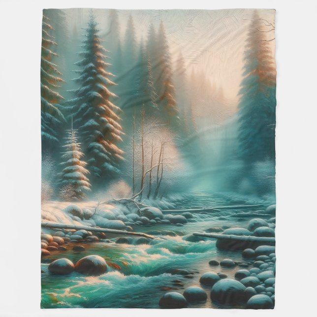 "Serene Winter River Scene" Fleecefilt (Framsidan)