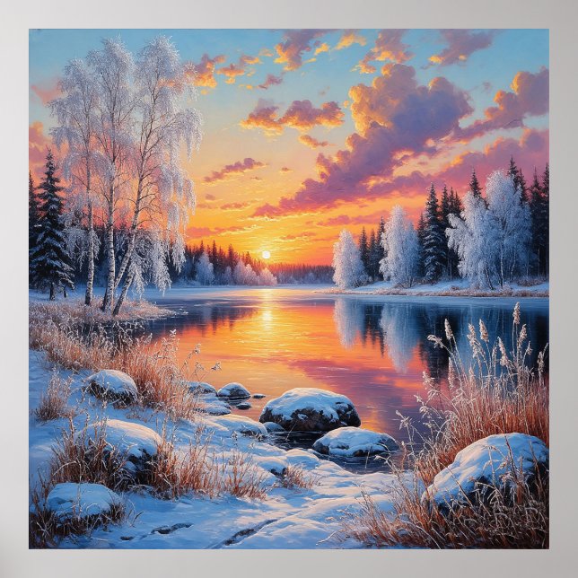 Serene Winter Sunset över en snöskog Poster (Framsidan)