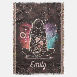 Serene Woman i en Cosmic Blommigt Dream Filt