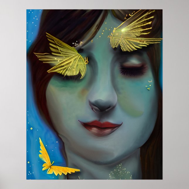 Serene Woman med Guld Fairylike Butterflies Poster (Framsidan)