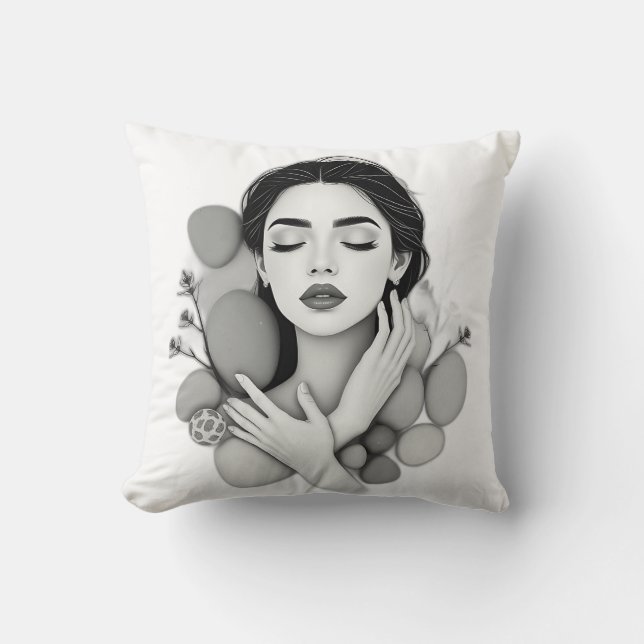 Serene Woman med stenar och växter Kudde (Framsida)