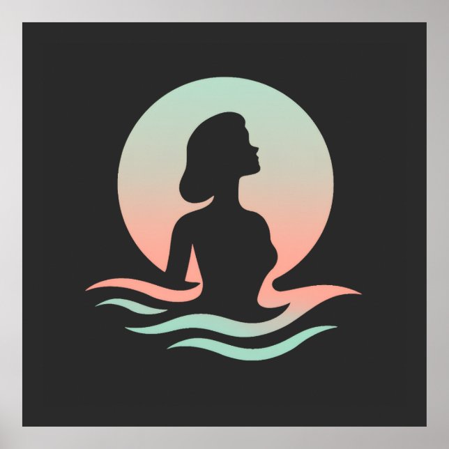 Serene Woman Silhouette in Pastel Waves Poster (Framsidan)