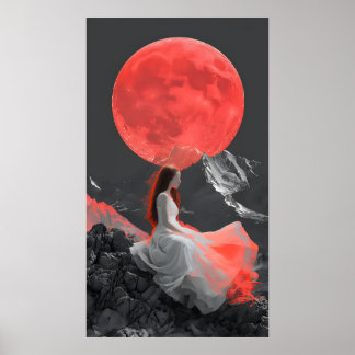 Serene Woman under Red Måne Digital Art Poster