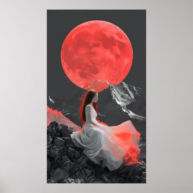 Serene Woman under Red Måne Digital Art Poster (Framsidan)