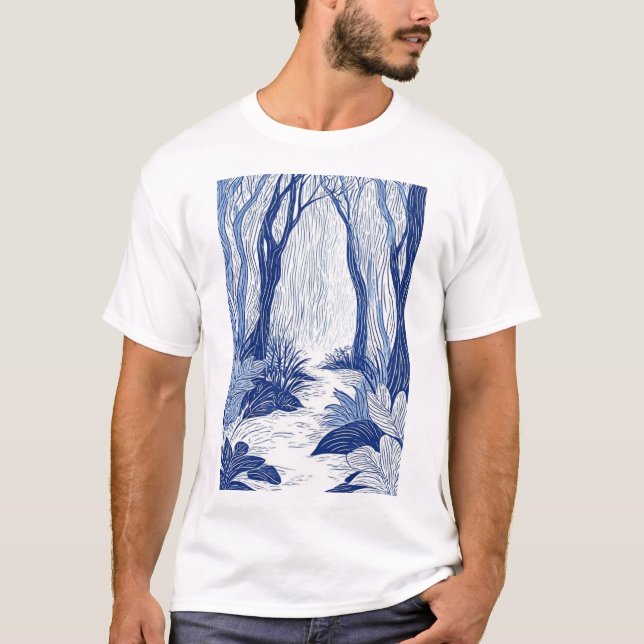 Serene Woodland Väg: Blue Line Art Forest T Shirt (Framsida)