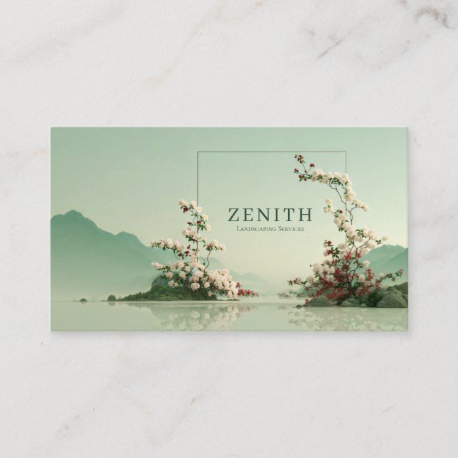 Serene Zen Mountain Lake White Floral Branches Visitkort (Framsida)
