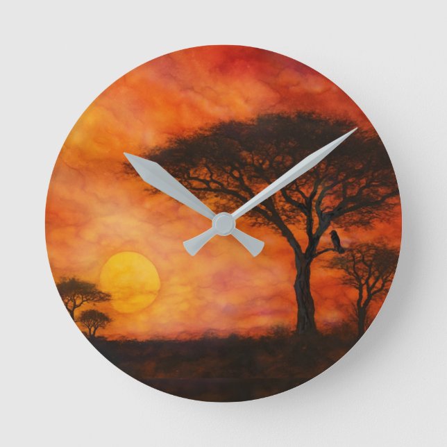 Serengeti Savanna Sunset Ink art  Rund Klocka (Framsida)
