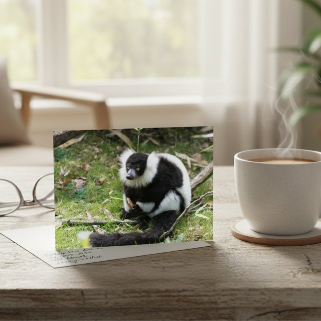 Serenitet i Vilden: Black and White Ruffed Lemur Vykort (Skapare uppladdad)