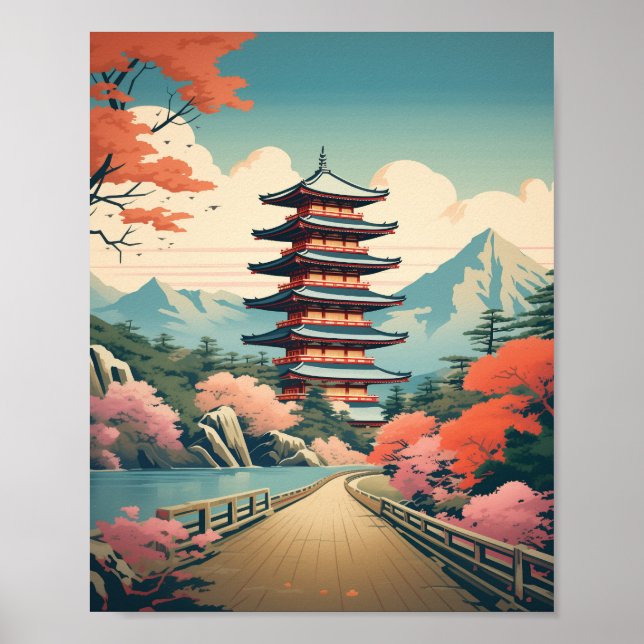 Serenitet på Pagoda. Vintage japanska poster (Framsidan)