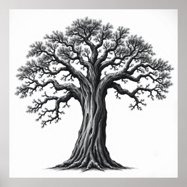 Serenitets rötter: Livets träd Charcol Zen Art Poster (Framsidan)