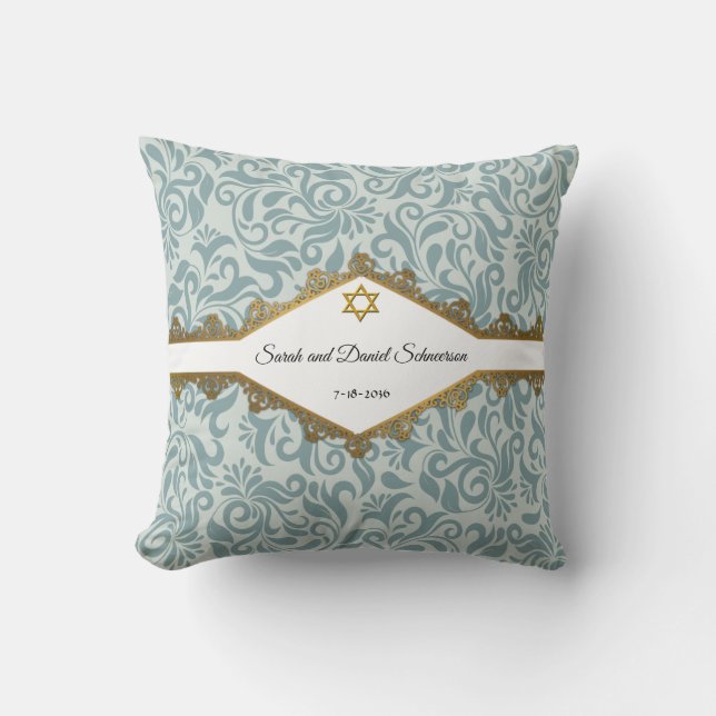 Serenity Blue Brocade Guld Snöre Bröllop Gift Kudde (Framsida)