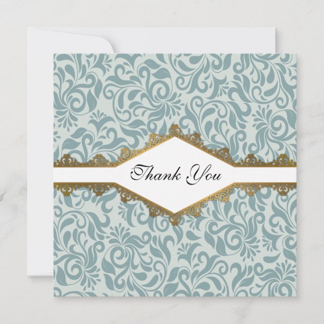 Serenity Blue Brocade Guld Snöre Bröllop Tack Kort (Framsida)
