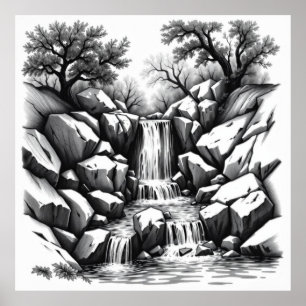 Serenity Falls: Waterfall Charcarbon Art Poster