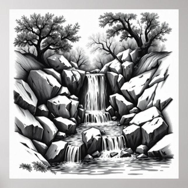 Serenity Falls: Waterfall Charcarbon Art Poster (Framsidan)