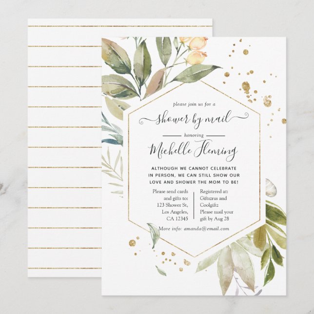 Serenity Greenery Geometric Baby Shower by Mail Inbjudningar (Fram/baksida)