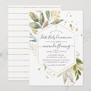 Serenity Greenery Geometric First Heliga Communion Inbjudningar