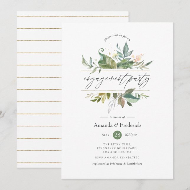 Serenity Greenery Geometric Förlovningsfest Inbjudningar (Fram/baksida)