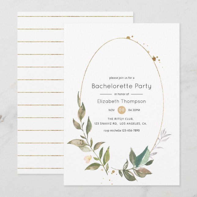 Serenity Greenery Geometric Guld Bachelorette Inbjudningar (Fram/baksida)