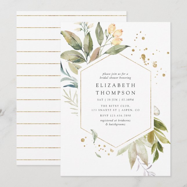 Serenity Greenery Geometric Möhippa Inbjudningar (Fram/baksida)