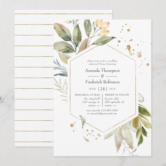 Serenity Greenery Geometric Rehearsal Dinner Inbjudningar (Fram/baksida)