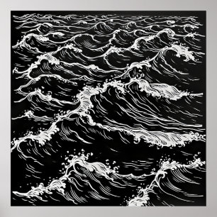 Serenity i Monokrom: Ocean Vågar Linocut Poster