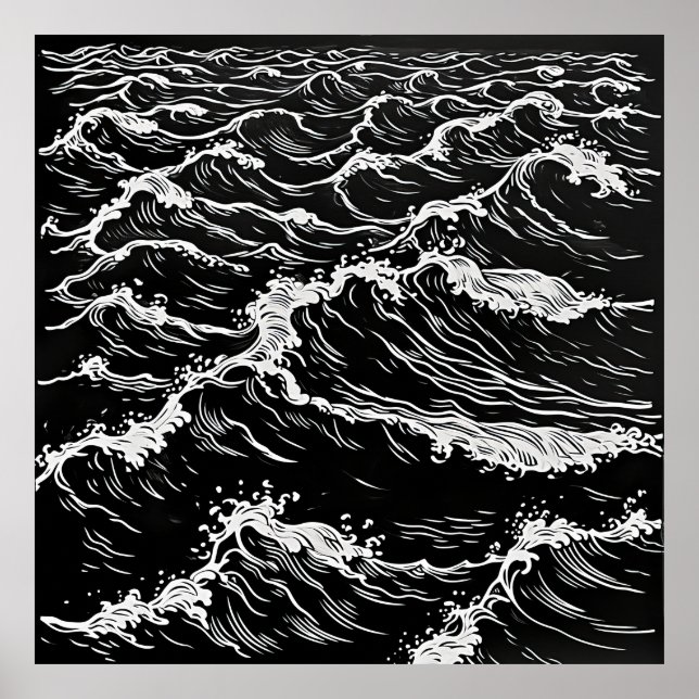 Serenity i Monokrom: Ocean Vågar Linocut Poster (Framsidan)
