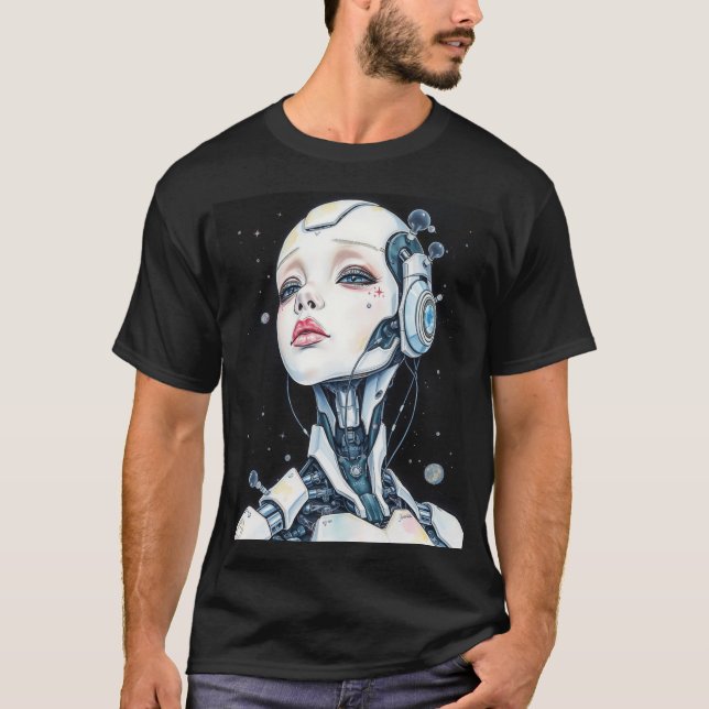 Serenity in Chrome: A Syd Mead-Inspired Portrait T Shirt (Framsida)