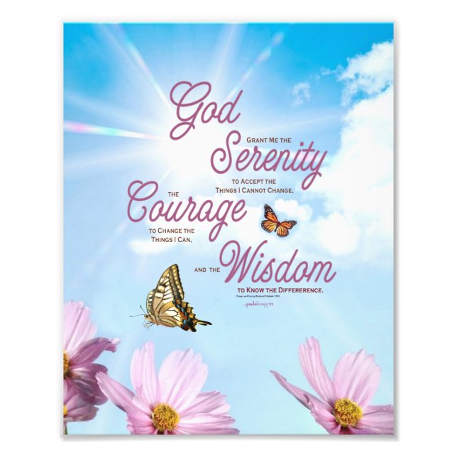 Serenity Prayer: Butterflies, Rosa Flowers, Streng Fototryck (Framsidan)