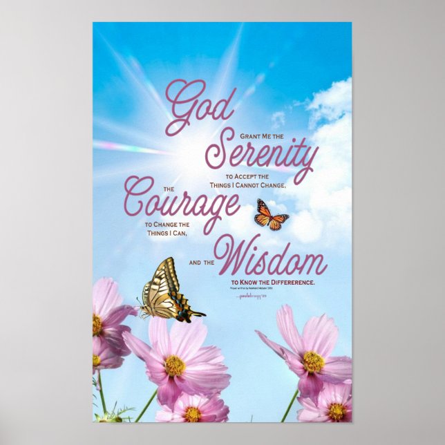 Serenity Prayer: Butterflies, Rosa Flowers, Streng Poster (Framsidan)