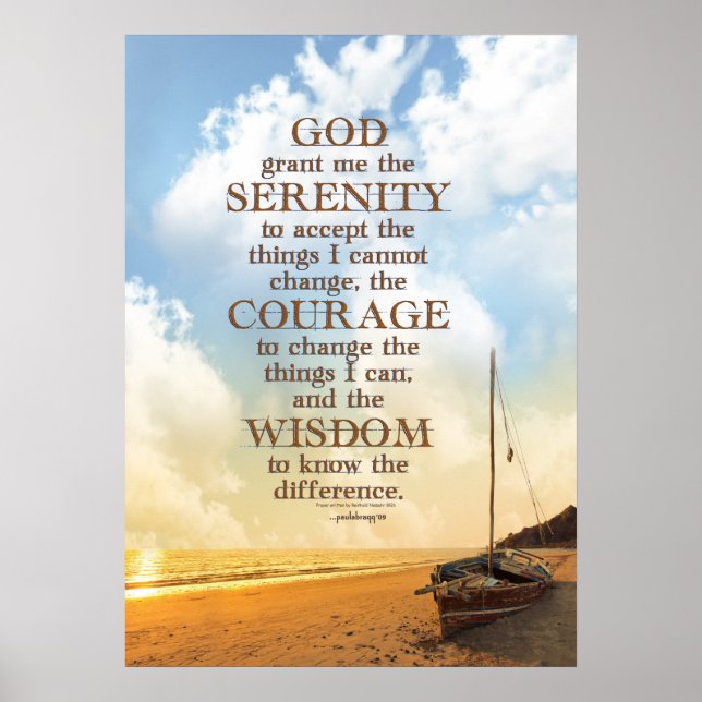 Serenity Prayer: Gammal segelbåt på Beach, återhäm Poster (Framsidan)