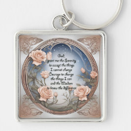 Serenity Prayer med blommor och Ram Fyrkantig Silverfärgad Nyckelring